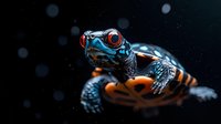 Vibrant red-eyed tree frog in dramatic close-up against dark background showcases striking blue and orange colors with selective focus creating mysterious atmosphere.
