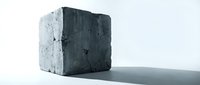 Weathered concrete cube block with rough textured surface and cracks isolated on white background for industrial design and architectural projects.
