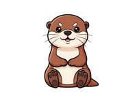 Cute cartoon otter sitting upright with brown fur and cream belly, friendly expression with whiskers, isolated on white background for design projects.