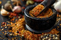 Ground aromatic spices in stone mortar with scattered peppercorns, chili flakes and garlic cloves on dark background, macro food photography.