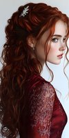 Young woman with flowing auburn hair and freckles in burgundy lace dress, wearing silver floral hair accessory, side profile view against white background.