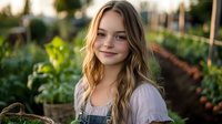 Young Caucasian woman with long blonde wavy hair wearing denim overalls and white peasant top smiling in community garden during golden hour sunset, fresh produce growing in background.