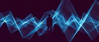 Silhouette of male figure standing amid glowing blue digital waveforms and geometric lines on dark purple background, representing data analysis, technology innovation, and digital transformation concepts.