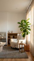 Modern minimalist living room interior with fiddle leaf fig plant, cozy armchair, wooden furniture and natural light for home decor and lifestyle design.