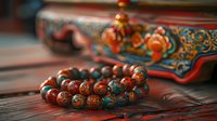Traditional prayer beads with ornate patterns rest on wooden surface beside decorative Middle Eastern ornamental box with intricate floral designs.