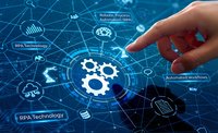 Hand pointing at digital automation interface with gears and RPA technology icons on blue network background for business process optimization.