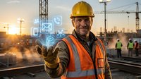 Construction worker wearing yellow hard hat and orange safety vest holding digital hologram with technology icons at sunset on active building site with cranes and team in background.
