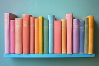 Row of colorful hardcover books standing on blue shelf against turquoise wall, arranged in pastel pink, orange, yellow and blue spines creating rainbow effect.