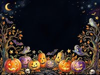 Spooky autumn night scene with glowing jack-o-lanterns, carved pumpkins, ghostly figures, bare trees, crescent moon, stars, bats, and skulls on dark background. Halloween celebration design.