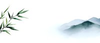 Minimalist Asian landscape with green bamboo leaves and misty mountains in watercolor style, creating zen atmosphere for wellness and meditation designs.