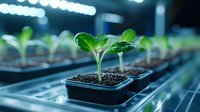 Young green seedling growing in plastic container with soil under LED grow lights in modern hydroponic greenhouse facility, selective focus on foreground plant.