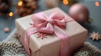 Elegant gift box wrapped in kraft paper with pink bow on knitted texture, decorated with Christmas ornaments and bokeh lights creating festive atmosphere.