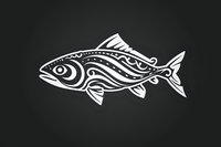 Decorative fish silhouette with ornamental swirl pattern in white on black background, suitable for logo design and artistic projects.