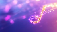 Glowing musical note with sparkles and magical particles floating on purple bokeh background, creating dreamy atmospheric composition for music themes.