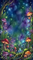 Enchanted forest frame with glowing mushrooms, magical trees, and starry night sky in vibrant purples, blues, and greens. Isolated design element for fantasy backgrounds, posters, and creative projects.