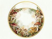 Autumn forest wreath with mushrooms, ferns and foliage in golden circle frame on light background for seasonal design projects.