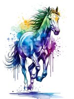Majestic horse running with vibrant watercolor splashes in rainbow colors on white background, artistic animal illustration for creative projects.