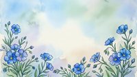 Blue flowers with green stems and leaves frame a soft watercolor sky with clouds, suitable for greeting cards, invitations, and spring designs.