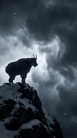 Mountain goat silhouette standing on snowy rocky cliff against dramatic stormy sky with falling snow for wilderness adventure and nature concepts.