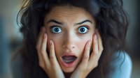 Young woman with shocked facial expression and wide eyes holding hands on cheeks, displaying surprise or fear emotion against blurred background.