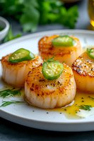 Seared sea scallops garnished with fresh jalapeno slices and dill on white plate with butter sauce, close up view showing caramelized golden crust and tender texture.