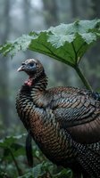 Wild turkey with iridescent plumage standing among lush green foliage in misty forest environment. Male bird displaying characteristic feather patterns and coloring in natural woodland setting.