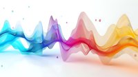 Colorful flowing abstract wave design with transparent overlapping layers in rainbow spectrum from blue to orange, creating dynamic motion effect on white background.
