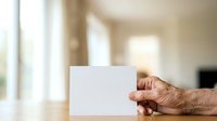 Senior man with wrinkled skin holding blank white card in bright modern interior space. Suitable for business messaging, advertising, healthcare communications.
