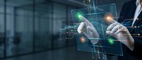 Businessman touching futuristic holographic interface with glowing network connections and digital data visualization in modern office environment.