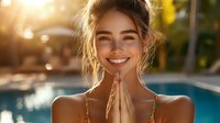 Young Caucasian woman with natural makeup and messy bun hairstyle smiling warmly at poolside during golden hour sunset, expressing gratitude with namaste prayer hands gesture.