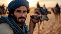 Middle Eastern man with beard wearing traditional headscarf in desert at sunset, camels silhouetted in background creating atmospheric travel scene. Soft golden light.