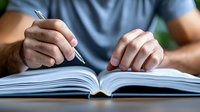 Male student taking notes in open notebook with pen, close-up view of hands writing on paper against blurred background. Educational and study concept.