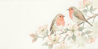 Watercolor robins perched on blooming branch with soft pink flowers and green leaves on light background for spring greeting cards and decor.