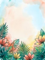 Tropical watercolor background with palm leaves, monstera and flowers in pastel tones, featuring copy space for text or design elements.