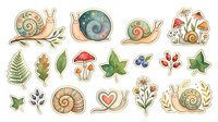 Watercolor snails, leaves, mushrooms, berries, and floral elements in muted earth tones on transparent background. Isolated botanical and nature clipart for design projects.