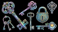 Ornate vintage keys and locks with decorative scrollwork, isolated on transparent background. Features iridescent metallic finishes in purple, teal, and gold. Ready for t-shirt designs, clipart, stickers, sublimation, print-on-demand products, and digital crafts.