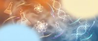 Scientific research concept with DNA helix, atomic structures and laboratory equipment in glowing orange and blue gradient background for education materials.