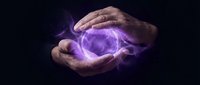 Two hands holding a glowing purple energy orb with magical light effects against dark background for mystical, supernatural, and fantasy design projects.
