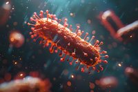 Microscopic view of virus cell with spiky surface proteins floating in dark aqua environment with blurred particles and dramatic lighting effects. Medical science concept.