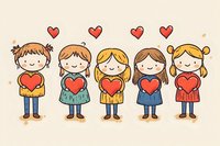 Cute cartoon children holding red hearts in a row on beige background. Hand drawn style characters with happy expressions for valentines and love themes.