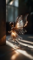 Delicate glass fairy figurine with translucent wings catching warm sunlight on wooden surface creating magical shadows and ethereal glow in soft interior setting.