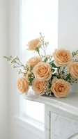 Elegant peach roses bouquet with baby's breath on a marble surface in a bright white interior, perfect for wedding and home decor themes.