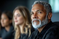 Mature African American man with gray beard wearing black sweater smiling confidently while sitting with diverse colleagues in modern office environment.