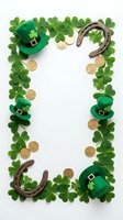 Festive frame made with green shamrock clovers, leprechaun hats, golden coins and horseshoes arranged on white background for St. Patrick's Day celebrations and holiday designs.