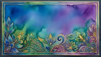 Colorful watercolor border with ornamental floral and swirl designs in blue, purple, green, and gold tones. Isolated on transparent background, ready for invitations, cards, and design projects.