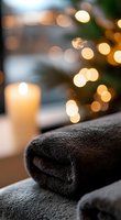 Soft gray towels stacked with glowing candle and bokeh lights in background creating relaxing spa atmosphere for wellness and meditation background.