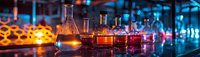 Laboratory glassware with colorful liquid chemicals glowing in dark scientific lab setting against blurred blue background with ambient lighting.