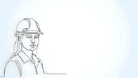 Female construction worker in hard hat line drawing sketch on white background for engineering and safety designs.