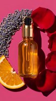 Amber glass serum bottle with dropper surrounded by lavender buds, rose petals and orange slice on vibrant pink background for skincare and aromatherapy products.