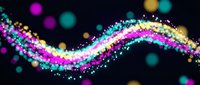 Abstract colorful particle wave with glowing dots and bokeh lights on dark background for digital design and modern technology concepts.